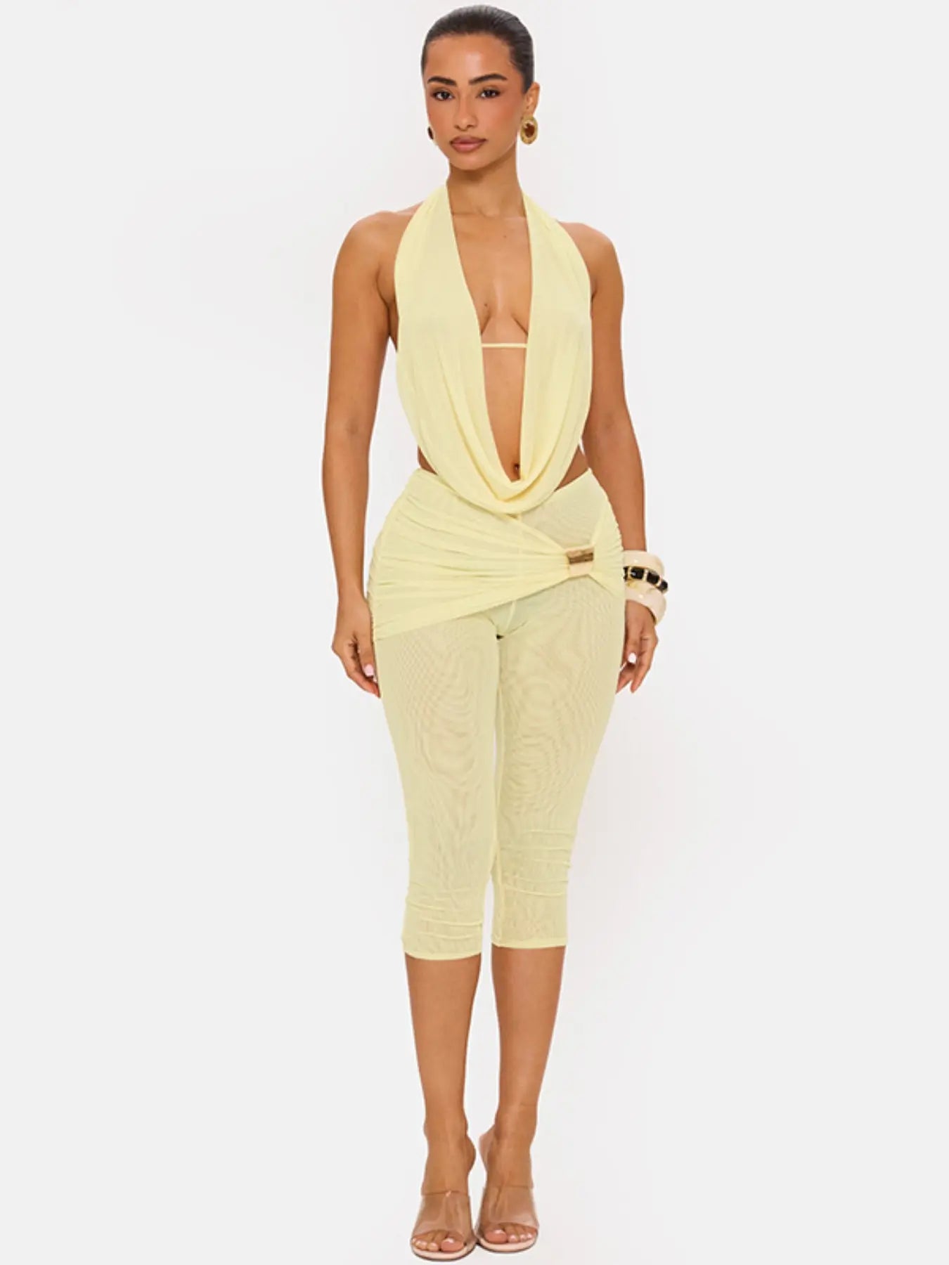 Women's Elegant Deep V Neck Backless Top with Fitted Three-Quarter Pants Set, Faux Two-Piece Design, Ideal for Social Events and Gatherings