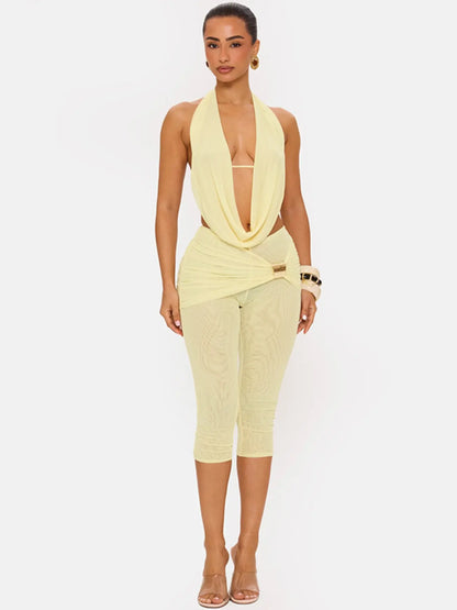 Women's Elegant Deep V Neck Backless Top with Fitted Three-Quarter Pants Set, Faux Two-Piece Design, Ideal for Social Events and Gatherings