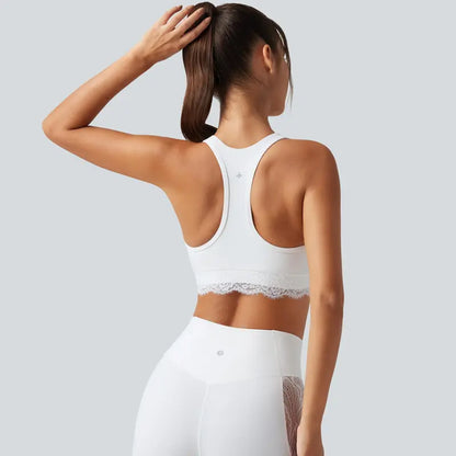 Halara Ultrasculpt V-Neck Racerback Sports Bra with Built-In Bra and Contrast Lace Detail