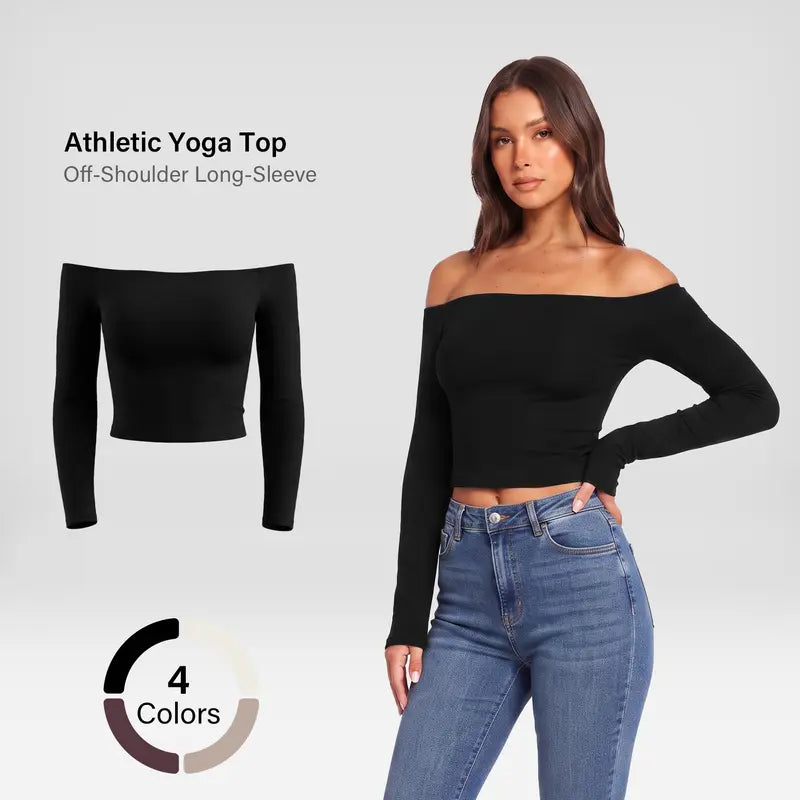 Women'S Everyday Summer Wear off the Shoulder Crop Top Long Sleeve Seamless Fitted Bardot Top Slim Fit Pilates Yoga Workout Basic Tee Athletic Top Casual Streetwear Going Out