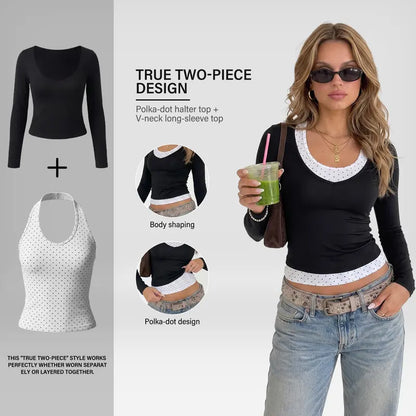 2 Piece Clothes Women'S Y2K Polka Dot Halter Layered Long Sleeve Top, Quick Dry Slim Fit Breathable Yoga Workout Shirts, Casual Streetwear Activewear