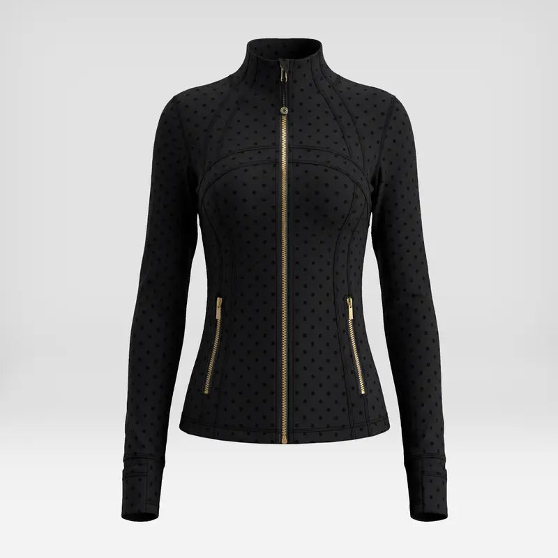 Women Summer Clothes Long Sleeve Zip up Jacket, Stand Collar Polka Dot Textured Slim Fit Athletic Track Jacket Short Skirt or Shorts, Nylon Spandex Brushed Fabric Stretchy Workout Outerwear for Yoga Gym Running Tennis Golf
