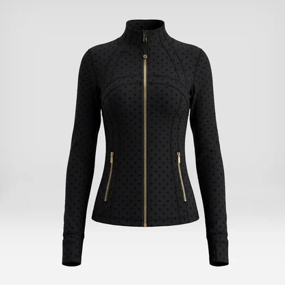 Women Summer Clothes Long Sleeve Zip up Jacket, Stand Collar Polka Dot Textured Slim Fit Athletic Track Jacket Short Skirt or Shorts, Nylon Spandex Brushed Fabric Stretchy Workout Outerwear for Yoga Gym Running Tennis Golf