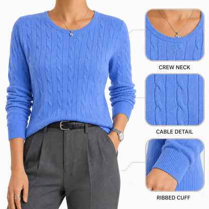 QUALFORT Women'S 100% Cotton Cable-Knit Crew Neck Long-Sleeve Pullover Sweater, Classic Basic Knit Top, Preppy Fall Winter Style for Work, Campus, Travel, Weekend, Casual Layering & Everyday Outfits, Soho Chic