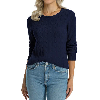 QUALFORT Women'S 100% Cotton Cable-Knit Crew Neck Long-Sleeve Pullover Sweater, Classic Basic Knit Top, Preppy Fall Winter Style for Work, Campus, Travel, Weekend, Casual Layering & Everyday Outfits, Soho Chic
