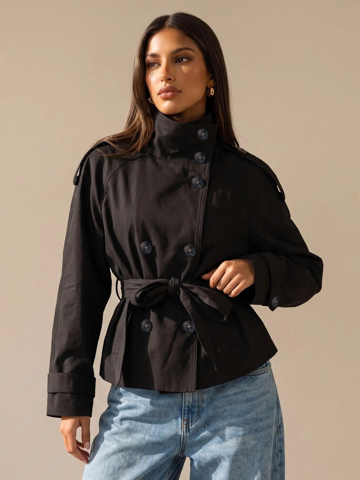 Katch Me Women's Versatile Stand Collar Button-Up Trench Coat with Detachable Waist Belt, Cozy Windproof Long Sleeve Outerwear for Fall & Winter