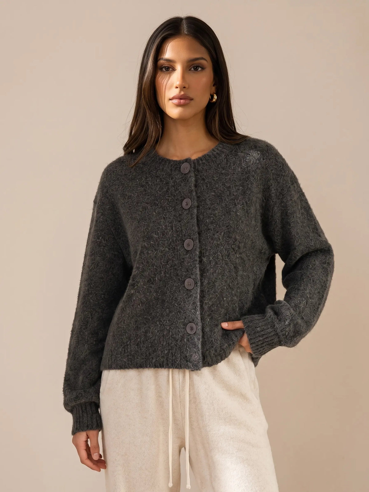 Katch Me Chic Women's Cozy Button-Up Knit Cardigan - Soft Fuzzy Long Sleeve Thermal Cropped Sweater for Fall & Winter Layering