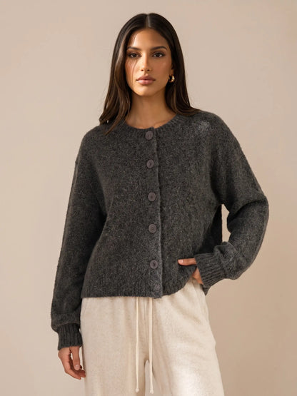 Katch Me Chic Women's Cozy Button-Up Knit Cardigan - Soft Fuzzy Long Sleeve Thermal Cropped Sweater for Fall & Winter Layering
