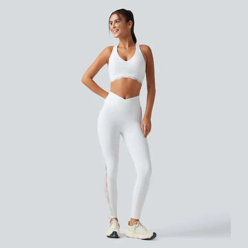 Halara Ultrasculpt V-Neck Racerback Sports Bra with Built-In Bra and Contrast Lace Detail