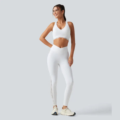 Halara Ultrasculpt V-Neck Racerback Sports Bra with Built-In Bra and Contrast Lace Detail