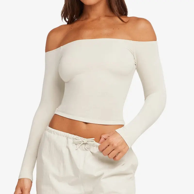 Women'S Everyday Summer Wear off the Shoulder Crop Top Long Sleeve Seamless Fitted Bardot Top Slim Fit Pilates Yoga Workout Basic Tee Athletic Top Casual Streetwear Going Out