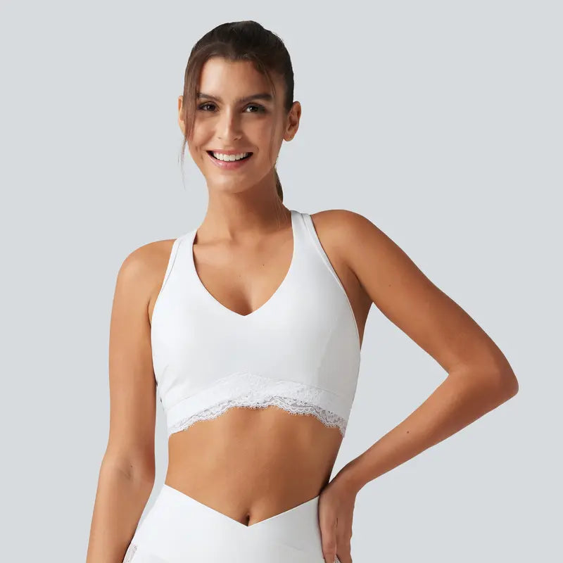 Halara Ultrasculpt V-Neck Racerback Sports Bra with Built-In Bra and Contrast Lace Detail
