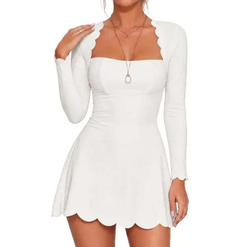 Fisoew Minimalist Elegant Casual Women'S Waist-Cinched Scalloped Square Neck Long Sleeve Skin-Friendly A-Line Skater Dress - Stylish Women'S Wear Pink Mini Club Party Dress