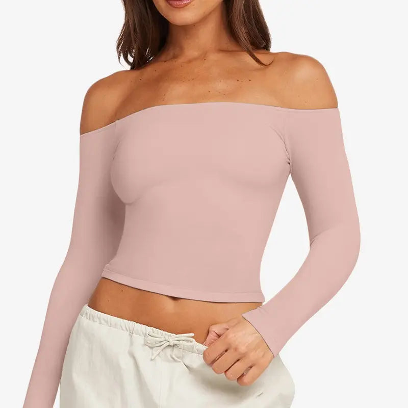 Women'S Everyday Summer Wear off the Shoulder Crop Top Long Sleeve Seamless Fitted Bardot Top Slim Fit Pilates Yoga Workout Basic Tee Athletic Top Casual Streetwear Going Out
