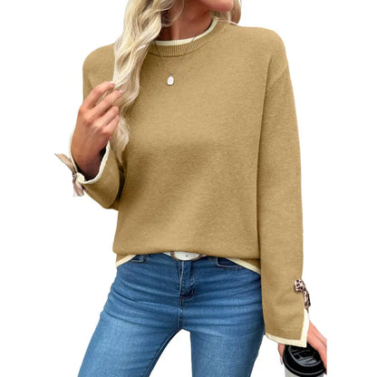 EVALESS Women'S Crew Neck Knitwear Pullover, Casual Sweater with Leopard Print Bow Cuffs, Relaxed Fit for Fall