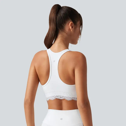 Halara Ultrasculpt V-Neck Racerback Sports Bra with Built-In Bra and Contrast Lace Detail