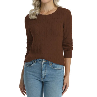 QUALFORT Women'S 100% Cotton Cable-Knit Crew Neck Long-Sleeve Pullover Sweater, Classic Basic Knit Top, Preppy Fall Winter Style for Work, Campus, Travel, Weekend, Casual Layering & Everyday Outfits, Soho Chic