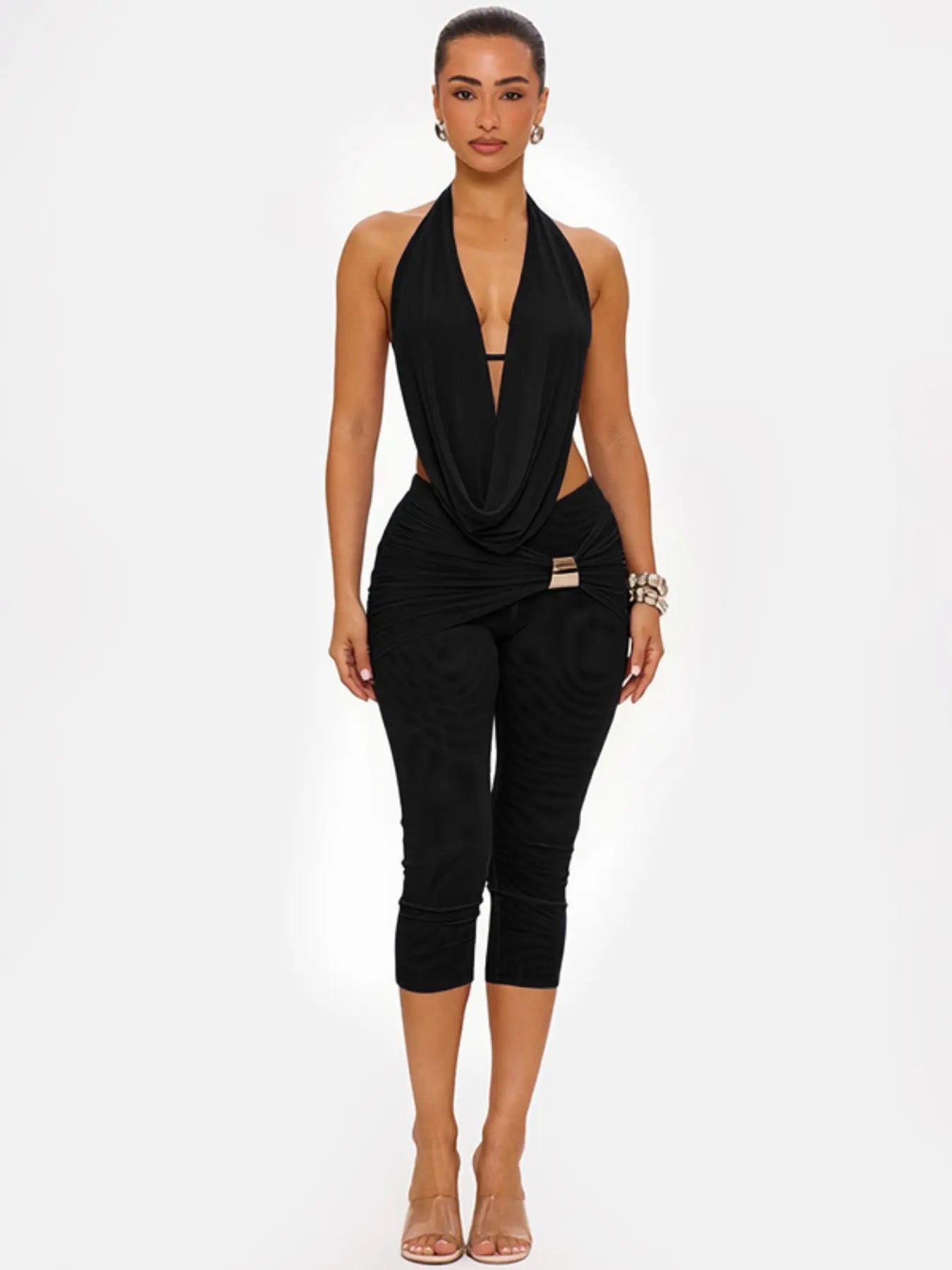 Women's Elegant Deep V Neck Backless Top with Fitted Three-Quarter Pants Set, Faux Two-Piece Design, Ideal for Social Events and Gatherings