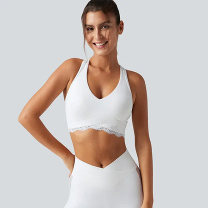 Halara Ultrasculpt V-Neck Racerback Sports Bra with Built-In Bra and Contrast Lace Detail