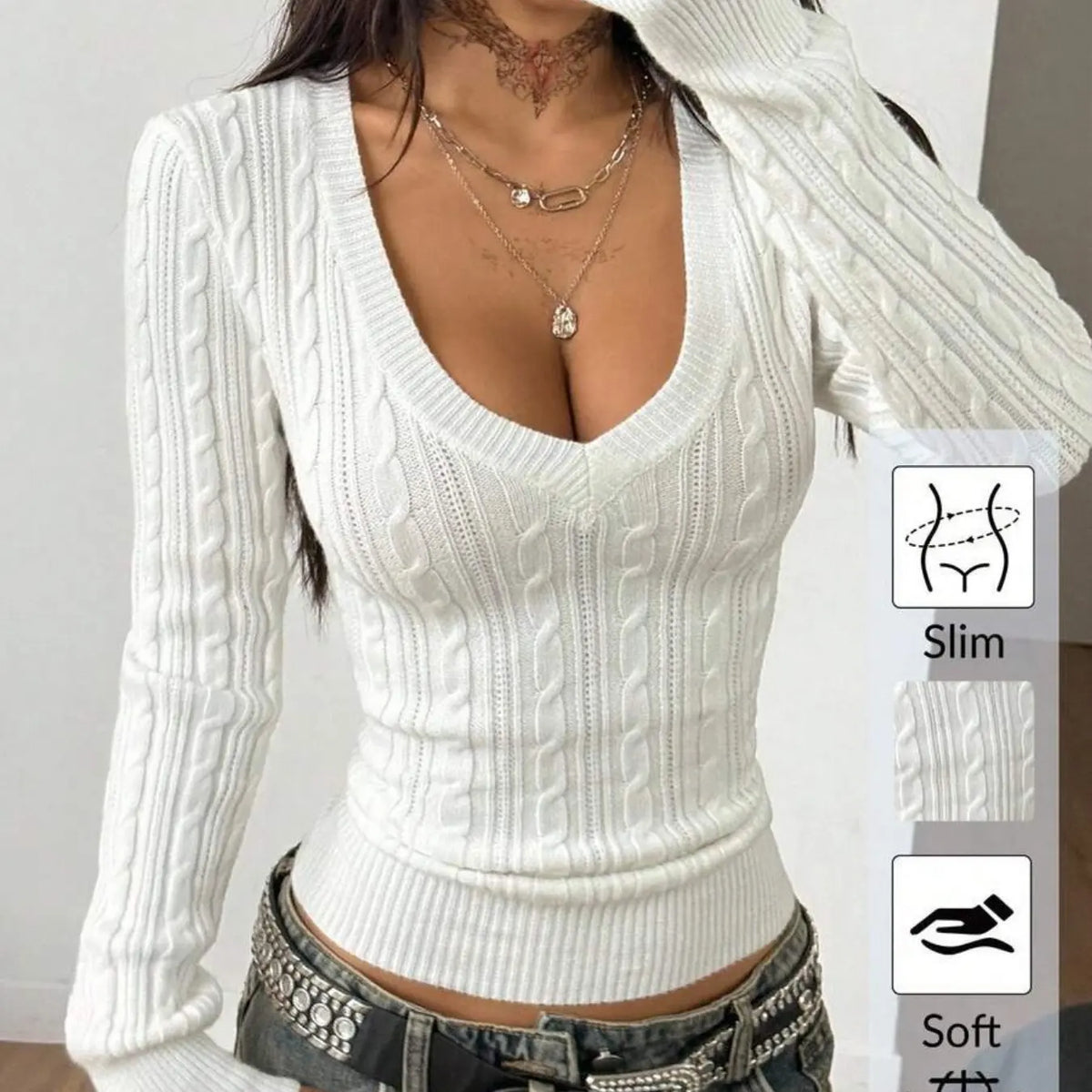 Elegant V-Neck Cable Knit Sweater for Women, Soft and Stylish, Slim Fit, Casual and Fashionable, Versatile Knitted Top, New for Fall/Winter, Knitwear Pullover