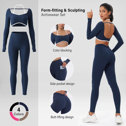Summervibes Workout Sets for Women 2 Piece Outfits Seamless High Waist Leggings Yoga Long Sleeve Crop Tops Athletic Gym Sets Elegante Sport Halter Bra for Gym Workout Sets for Women Activewear High Waisted Outdoor Fun