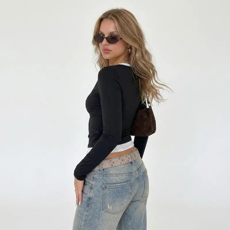 2 Piece Clothes Women'S Y2K Polka Dot Halter Layered Long Sleeve Top, Quick Dry Slim Fit Breathable Yoga Workout Shirts, Casual Streetwear Activewear