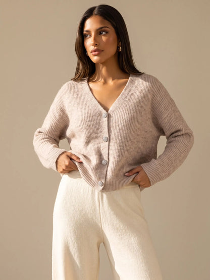 Katch Me Women's Slouchy V-Neck Button Knit Cardigan - Cozy Ribbed Sweater for Fall & Winter, Durable Pill-Resistant Long Sleeve Top