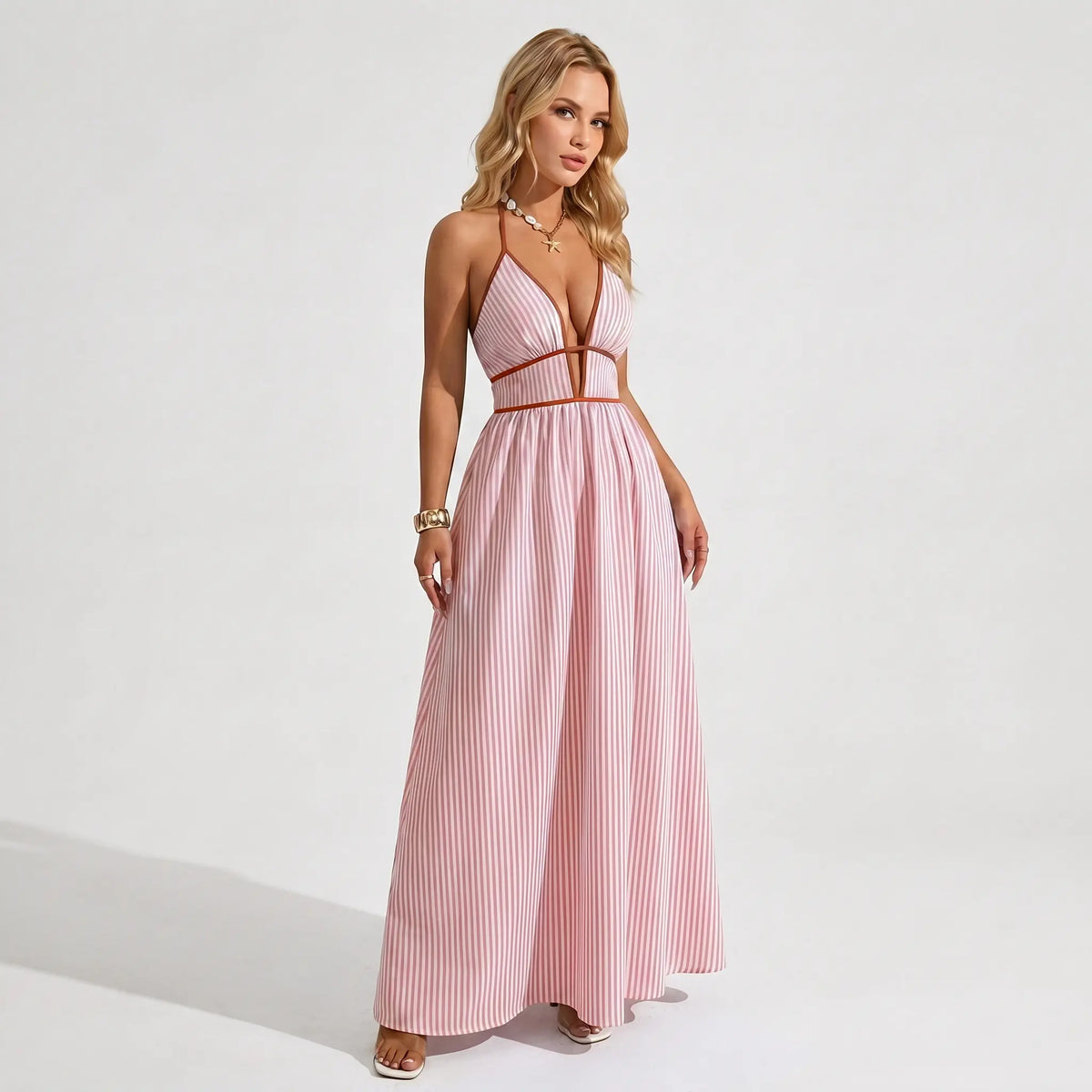 Katch Me Chic Women's Elegant Pinstripe Deep V-Neck Adjustable Halter Maxi Dress - Lightweight Summer Attire for Beach Holidays