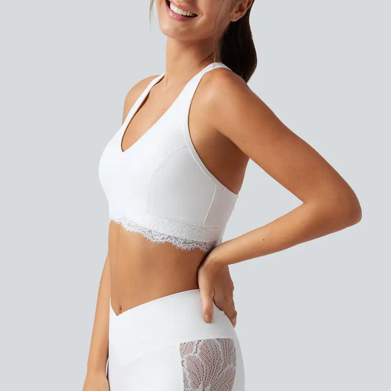 Halara Ultrasculpt V-Neck Racerback Sports Bra with Built-In Bra and Contrast Lace Detail