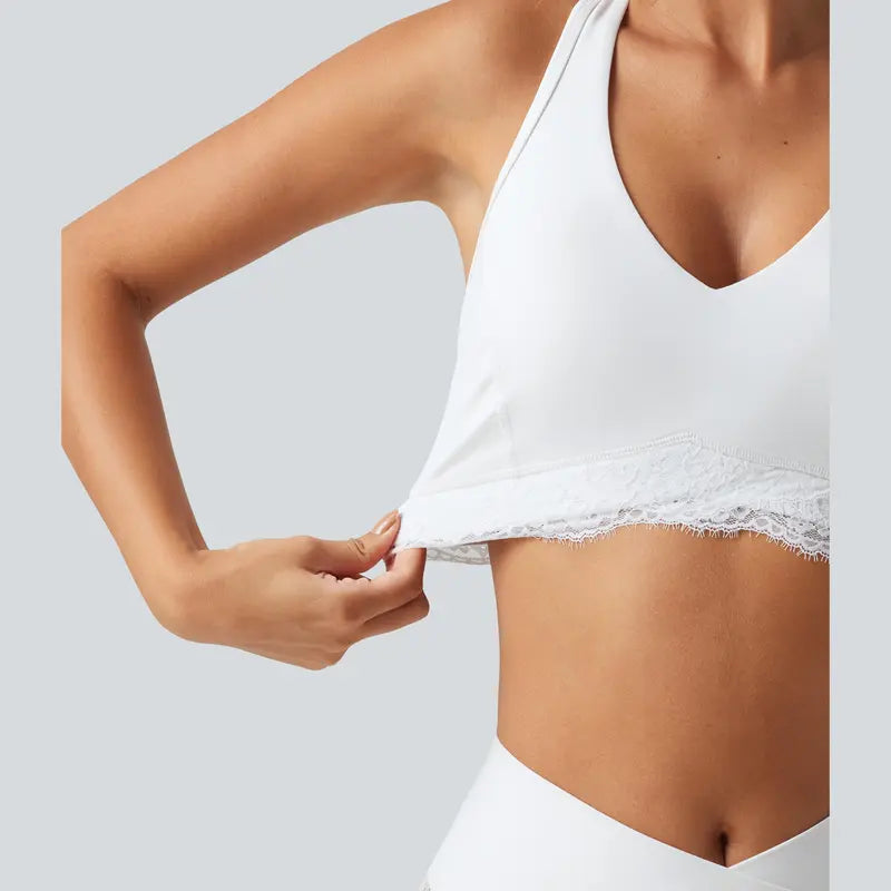 Halara Ultrasculpt V-Neck Racerback Sports Bra with Built-In Bra and Contrast Lace Detail