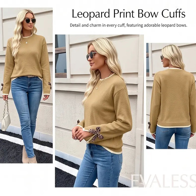 EVALESS Women'S Crew Neck Knitwear Pullover, Casual Sweater with Leopard Print Bow Cuffs, Relaxed Fit for Fall