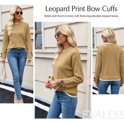 EVALESS Women'S Crew Neck Knitwear Pullover, Casual Sweater with Leopard Print Bow Cuffs, Relaxed Fit for Fall