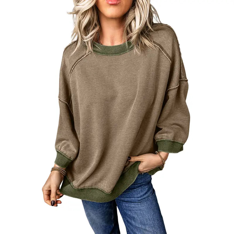 Dokotoo Oversized Pullover Sweatshirt Women Acid Wash Pullover Vintage Cotton Crew Neck Long Sleeve Sweatshirt Leg Pants