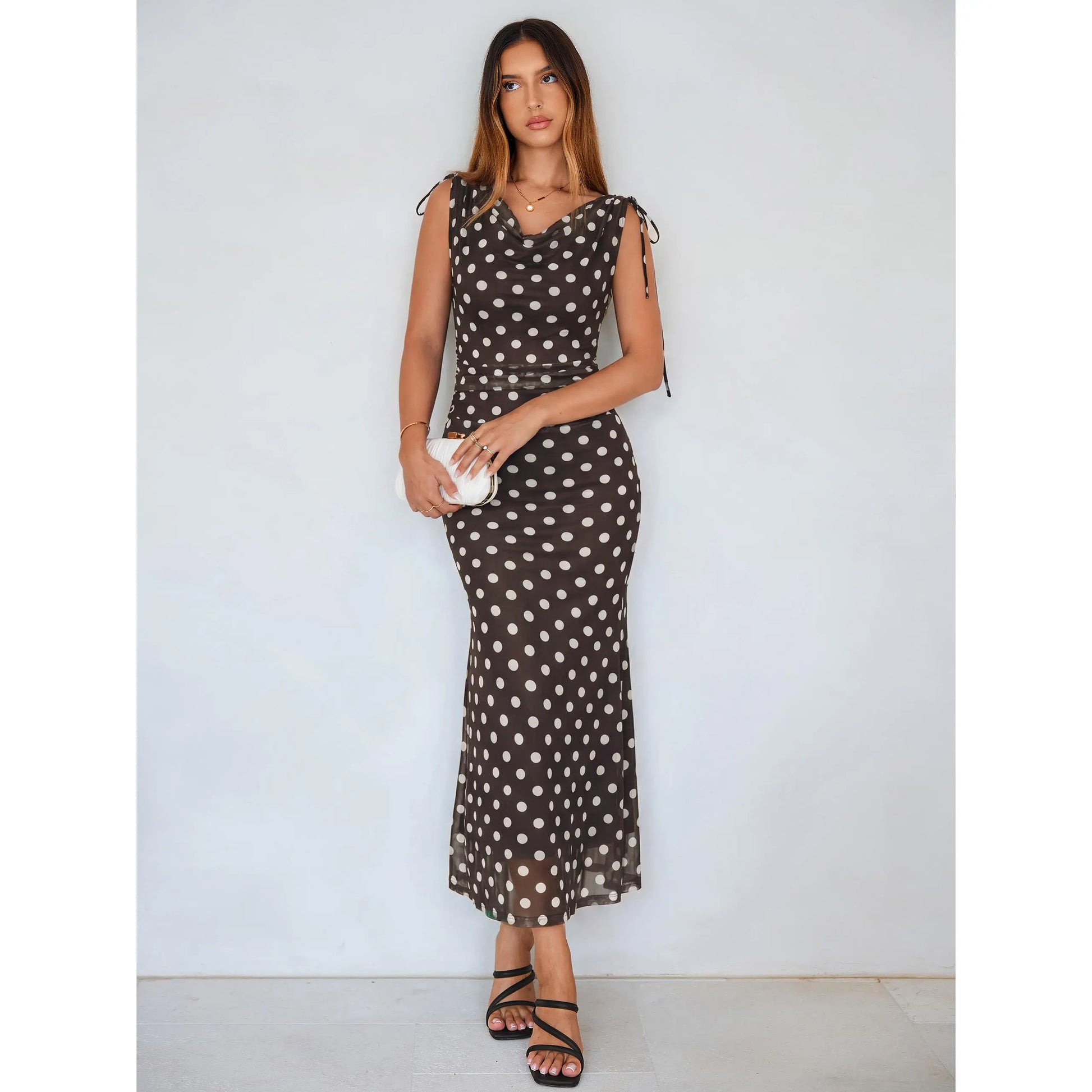 Elegant Polka Dot Mesh Maxi Dress with Cowl Neck and Shoulder Ties for Summer Events