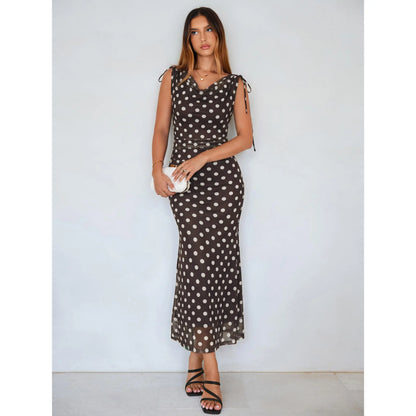 Elegant Polka Dot Mesh Maxi Dress with Cowl Neck and Shoulder Ties for Summer Events