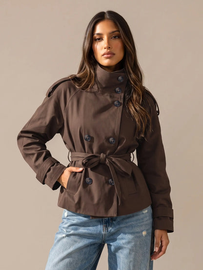 Katch Me Women's Versatile Stand Collar Button-Up Trench Coat with Detachable Waist Belt, Cozy Windproof Long Sleeve Outerwear for Fall & Winter