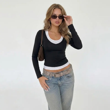 2 Piece Clothes Women'S Y2K Polka Dot Halter Layered Long Sleeve Top, Quick Dry Slim Fit Breathable Yoga Workout Shirts, Casual Streetwear Activewear