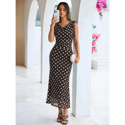Elegant Polka Dot Mesh Maxi Dress with Cowl Neck and Shoulder Ties for Summer Events