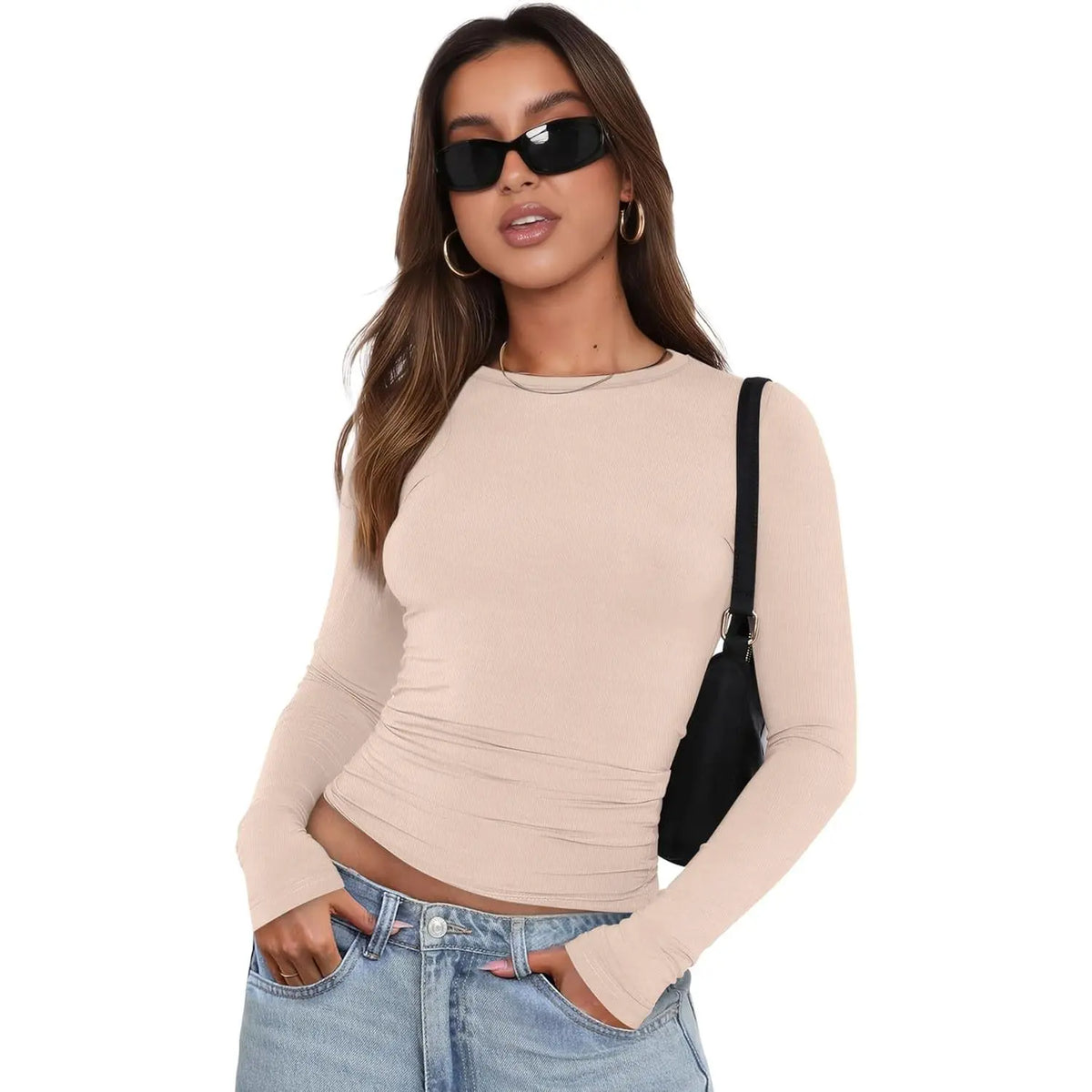 WIHOLL Women's Long Sleeve Crew Neck Slim Fit T-Shirts - Y2K Essential Tops - Available in 3-Pack and 2-Pack Crop Options