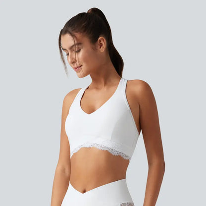 Halara Ultrasculpt V-Neck Racerback Sports Bra with Built-In Bra and Contrast Lace Detail