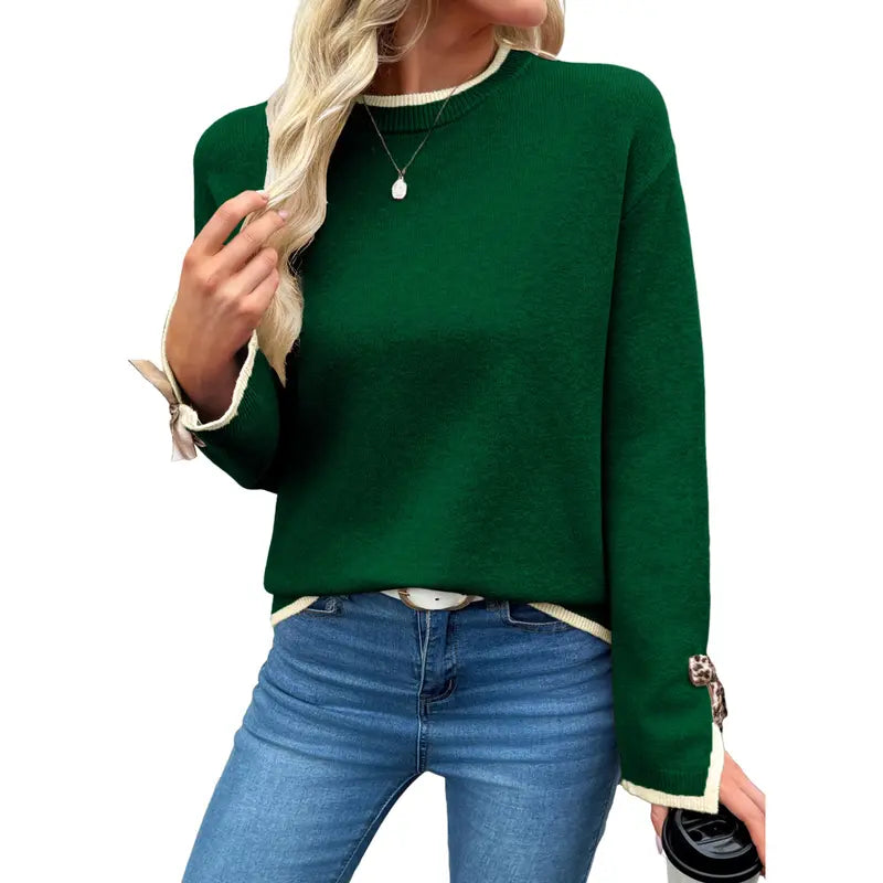 EVALESS Women'S Crew Neck Knitwear Pullover, Casual Sweater with Leopard Print Bow Cuffs, Relaxed Fit for Fall