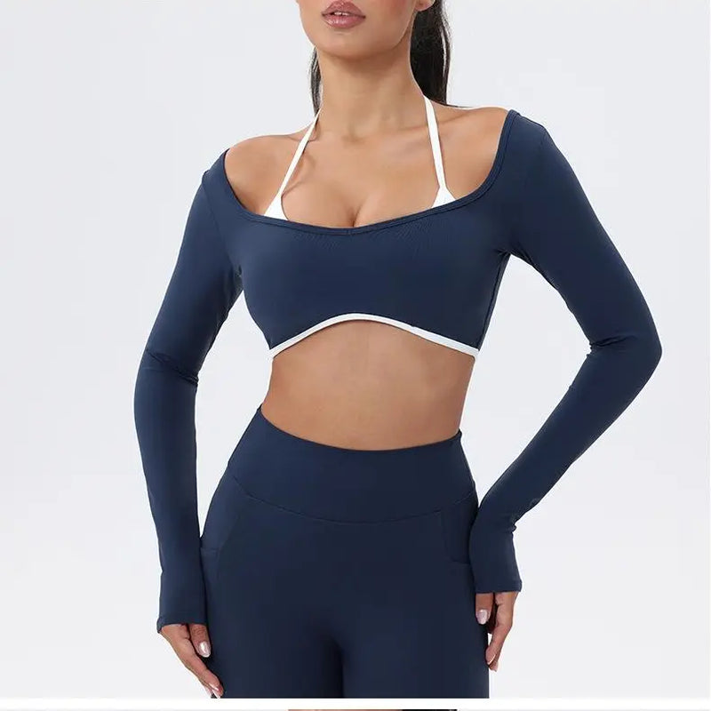 Summervibes Workout Sets for Women 2 Piece Outfits Seamless High Waist Leggings Yoga Long Sleeve Crop Tops Athletic Gym Sets Elegante Sport Halter Bra for Gym Workout Sets for Women Activewear High Waisted Outdoor Fun