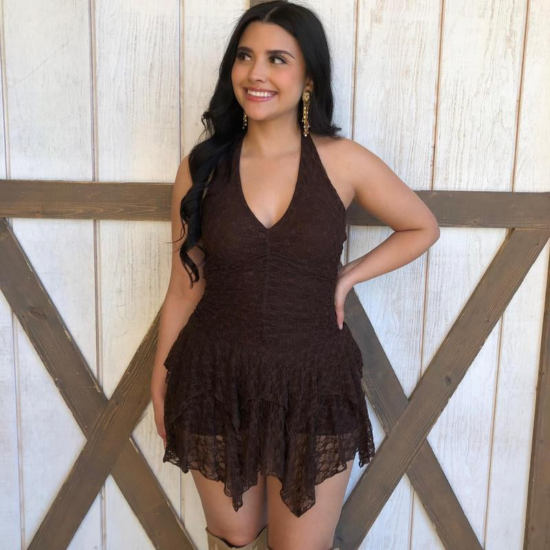 " Nati " Halter Lace Dress W/ Shorts