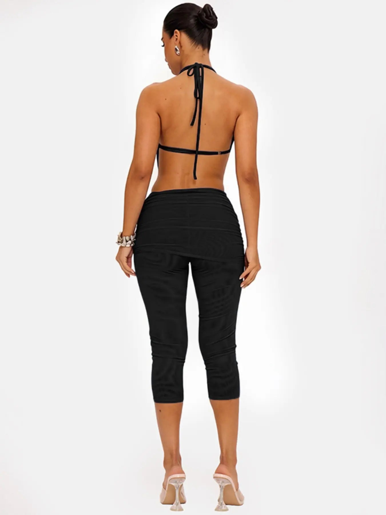 Women's Elegant Deep V Neck Backless Top with Fitted Three-Quarter Pants Set, Faux Two-Piece Design, Ideal for Social Events and Gatherings