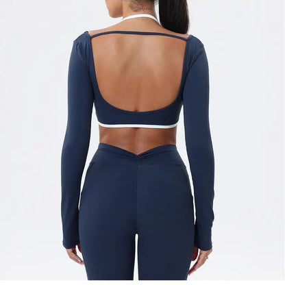 Summervibes Workout Sets for Women 2 Piece Outfits Seamless High Waist Leggings Yoga Long Sleeve Crop Tops Athletic Gym Sets Elegante Sport Halter Bra for Gym Workout Sets for Women Activewear High Waisted Outdoor Fun