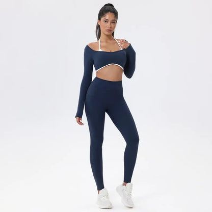 Summervibes Workout Sets for Women 2 Piece Outfits Seamless High Waist Leggings Yoga Long Sleeve Crop Tops Athletic Gym Sets Elegante Sport Halter Bra for Gym Workout Sets for Women Activewear High Waisted Outdoor Fun
