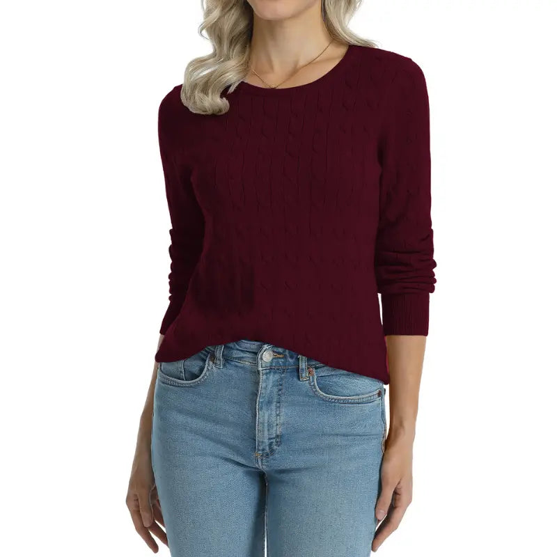 QUALFORT Women'S 100% Cotton Cable-Knit Crew Neck Long-Sleeve Pullover Sweater, Classic Basic Knit Top, Preppy Fall Winter Style for Work, Campus, Travel, Weekend, Casual Layering & Everyday Outfits, Soho Chic