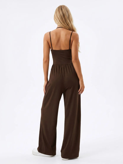 Katch Me Chic Women's Casual Solid Color Dual Strap Shirred Wide Leg Jumpsuit - Soft, Sweat-Wicking Stretch Sportswear for Spring & Summer