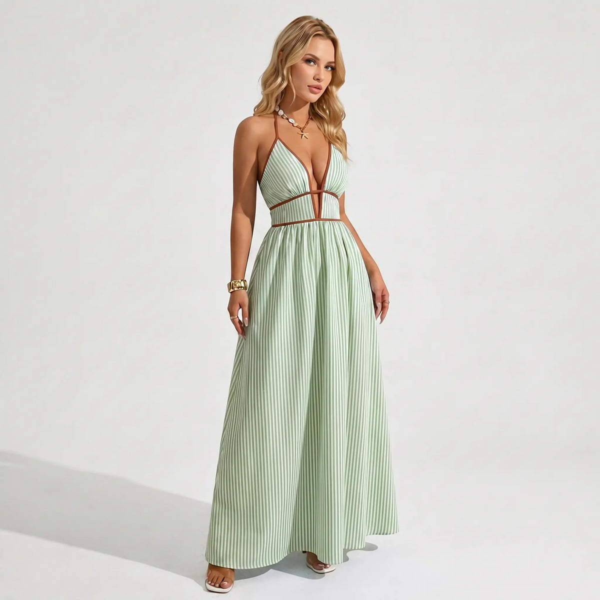 Katch Me Chic Women's Elegant Pinstripe Deep V-Neck Adjustable Halter Maxi Dress - Lightweight Summer Attire for Beach Holidays