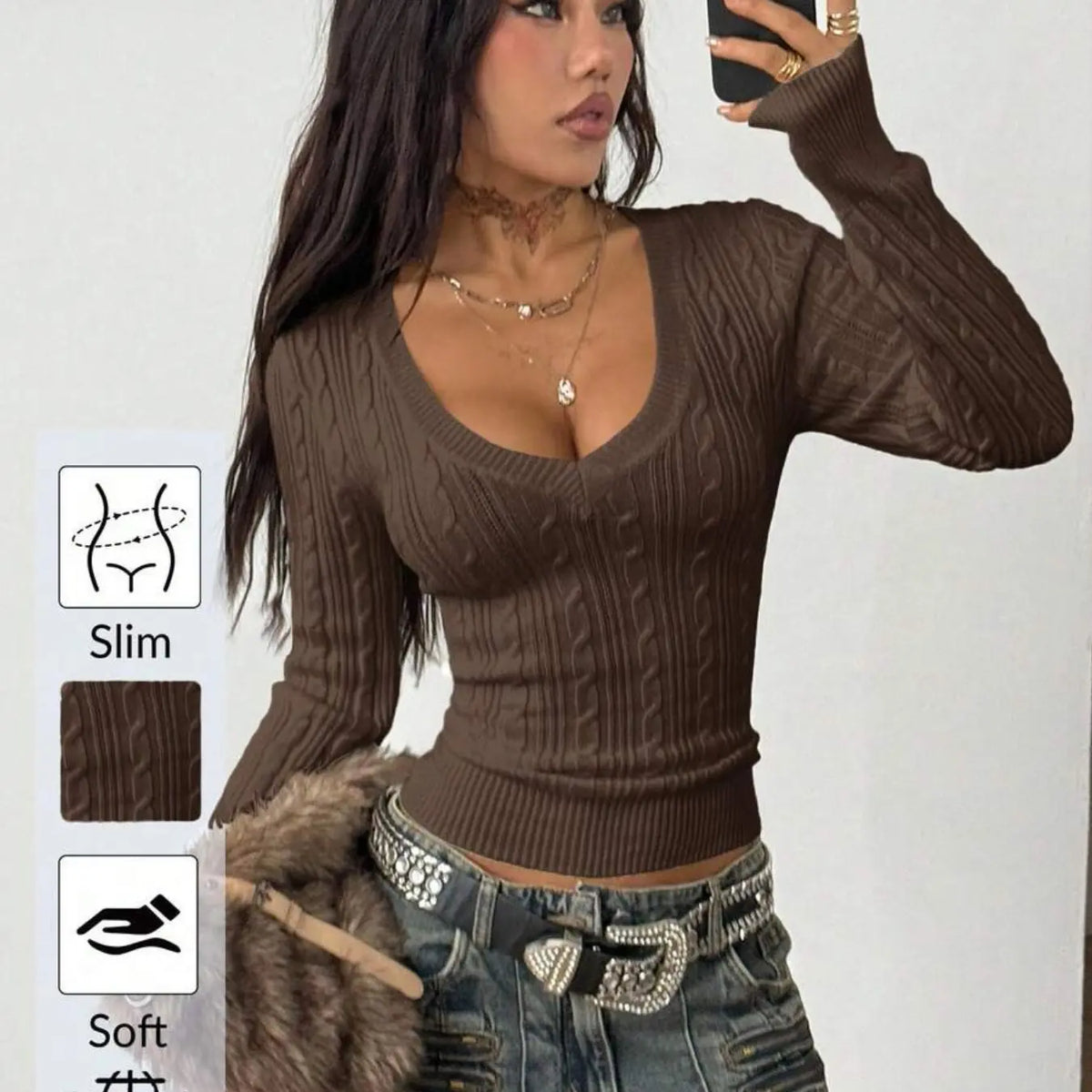 Elegant V-Neck Cable Knit Sweater for Women, Soft and Stylish, Slim Fit, Casual and Fashionable, Versatile Knitted Top, New for Fall/Winter, Knitwear Pullover